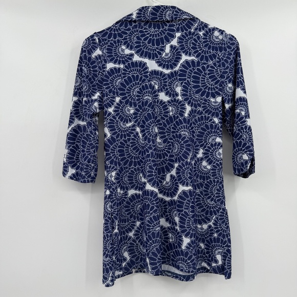 Katherine Way Top Women Small Blue White V Neck 3/4 Sleeve Swim Resort Stretch - Picture 6 of 11